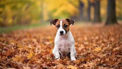 Jack Russell Terrier puppy in autumn park