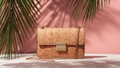 Light beige cork handbag with gold chain strap sits on white surface, framed by palm fronds casting shadows on a pink background