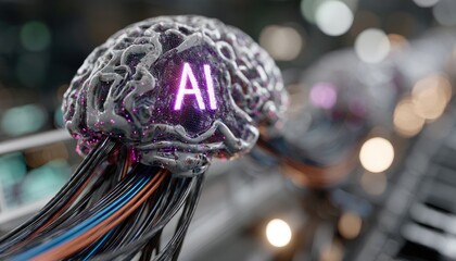 Futuristic AI brain connected to network