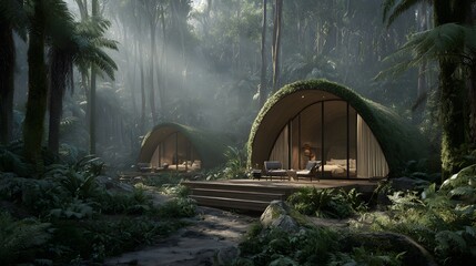 Two curved, mossy eco-cabins nestled in a lush forest.