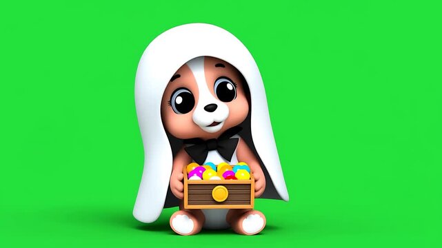 Adorable Cartoon Puppy in Easter Costume Holding Treasure Chest