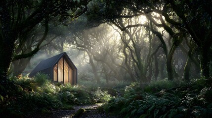 A modern cabin nestled within a misty forest.