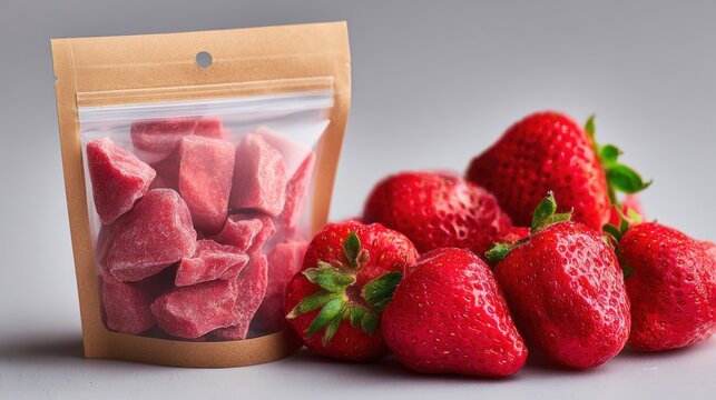 Fresh Strawberries in Bag: A mouthwatering display of fresh, ripe strawberries, some whole and some conveniently cubed, alongside a transparent bag showcasing perfectly portioned pieces.