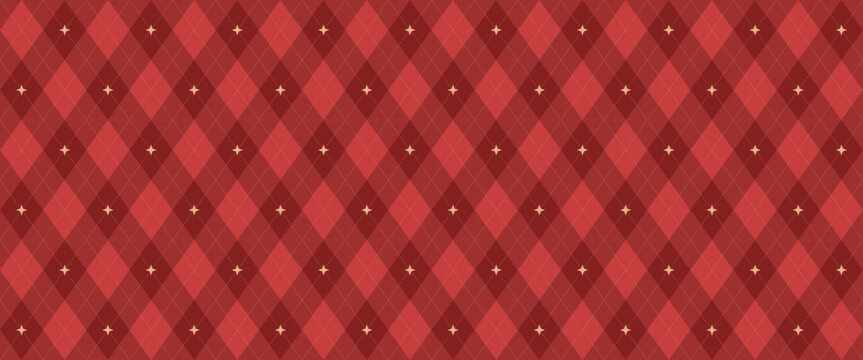 Christmas rhombus seamless pattern. Xmas red plaid texture with gold line and stars. Argyle geometric diamond abstract pattern. Christmas wrapping. Vector illustration isolated on red background. - Powered by Adobe