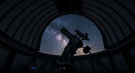 Telescope in observatory looking at the starry night sky mockup