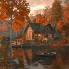 Obraz premium Rustic Lakeside Cabin A cozy cabin nestled by a tranquil lake amid autumn foliage warm and inviting