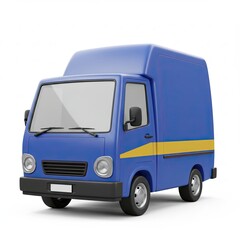 Blue 3D cartoon toy delivery van with rounded design, isolated on white background