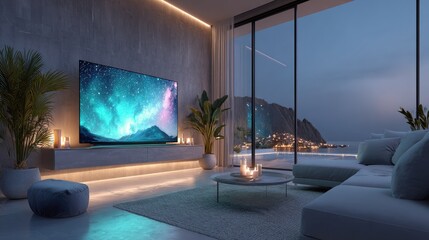 Modern living room at night, featuring a large TV displaying a nebula scene, and an expansive window with an ocean view