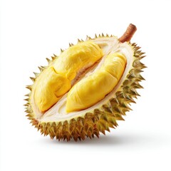Obraz premium Fresh Cut Durian Fruit with Yellow Flesh and Thorns on White Background