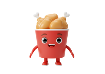 Cheerful Red Cup Character with Crispy Fried Chicken on transparent background