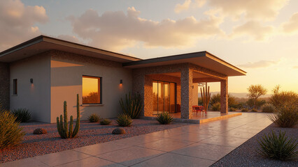 Small Modern Desert Home at Sunrise with Minimal Landscaping