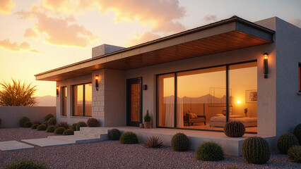 Modern Desert Home at Sunset with Large Glass Windows
