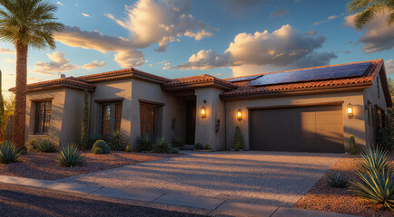 Warm Desert Ranch Home at Sunset with Cactus Garden