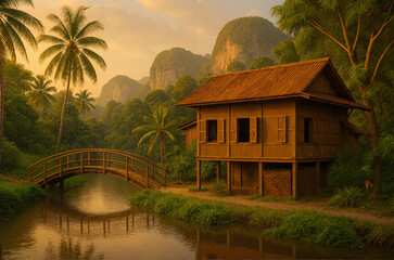 Tropical Wooden Riverside House with Arched Bridge at Sunset