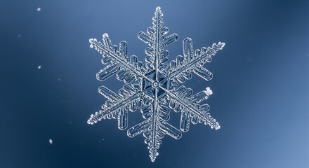 Detailed snowflake crystal formation on blue background