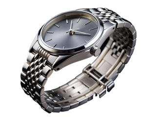  Close up shot of a silver wristwatch with a metal band against a black studio isolated on white background PNG.AI Generated.