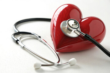 Stethoscope resting on a shiny red heart symbol representing health and medicine