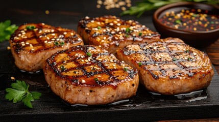 A layer of honey glistens on pork chops, darkened edges soaked in soy sauce, laid on a rustic surface.