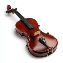Classic Wooden Violin with Strings and Bow on White Background
