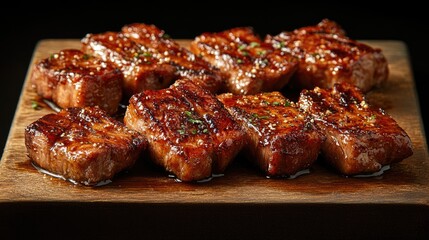Pork chops marinated in glistening honey, edges caramelized to a rich golden hue, resting on a wooden board.