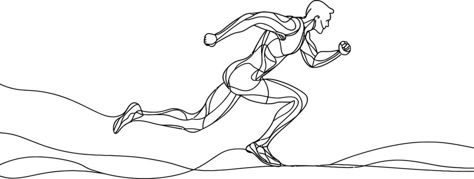 Modern marathon runner depicted in continuous one line drawing on a sport theme