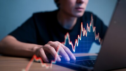 Person analyzing stock market graph on laptop with glowing overlay chart analysis