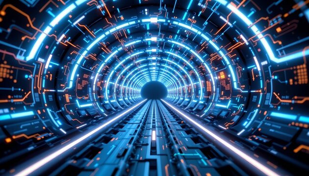 a futuristic spacecraft's control room. the room is bathed in blue light that highlights the numerous electronic panels and screens - Powered by Adobe