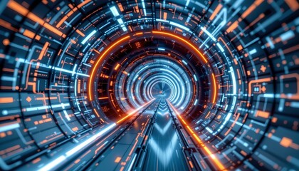 a futuristic tunnel of light with digital readouts lining the walls, creating an immersive and high tech atmosphere.