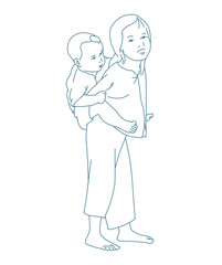 A vietnam girl is carrying a baby on her back, both barefoot and wearing simple clothes