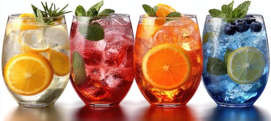 Four colorful drinks with fruit and ice