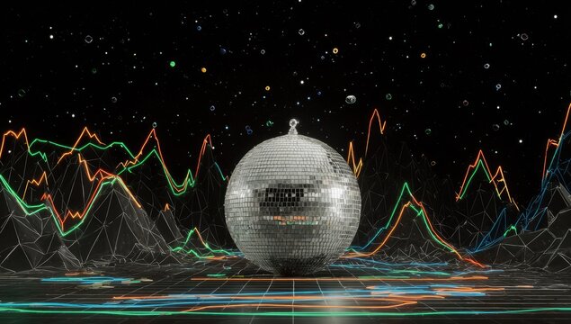 Silver disco ball on a dark stage with colorful data visualizations - Powered by Adobe