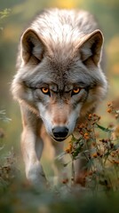 Fototapeta premium A white wolf with a fierce expression moves swiftly through the thick, green woods.