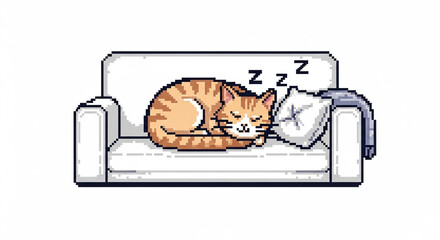 Cute Sleeping Cat Pixel Art on White Sofa