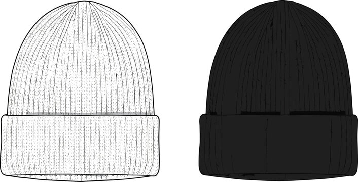 Knitted winter beanie hat front view, ribbed cuff cap design, black and white style, cad drawing flat vector illustration