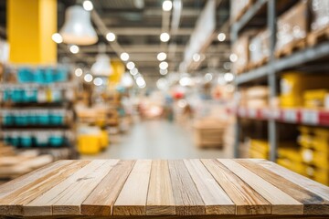 Wooden tabletop in front of a large, blurred warehouse