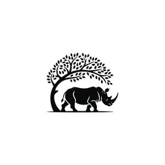 Silhouette of a rhinoceros standing near a tree wildlife illustration design black white