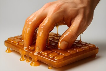 Surreal concept of a hand touching a sticky honey keyboard