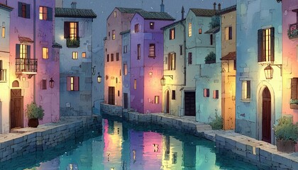 Waterfront homes with colorful reflections in canal at night