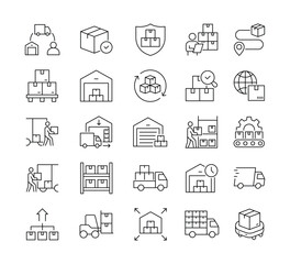 Warehouse delivery line icons set. Parcel logistics delivery symbols outline icons collection. Delivery methods, courier, order tracking, box, parcel protection stock vector. sign symbol supply chain.