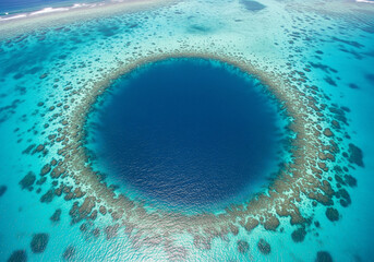 A stunning aerial view of the Great Blue Hole, a massive underwater sinkhole off the coast of Belize.