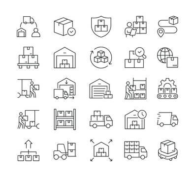 Warehouse delivery line icons set. Parcel logistics delivery symbols outline icons collection. Delivery methods, courier, order tracking, box, parcel protection stock vector. sign symbol supply chain.