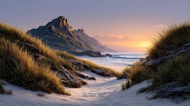 Windswept dunes catching the last sunlight as the sea glows in soft orange and pink hues. - Powered by Adobe