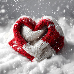 red and white knitted scarf shaped like a heart, lying on fresh snow, snowflakes falling, soft focus background, winter scene, cozy atmosphere, high detail, realistic