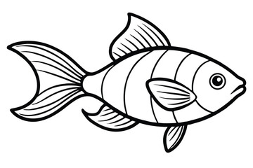 Outlined fish with striped tail and fins swimming on a clean white surface
