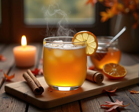 Warm hygge autumn scene on rustic wooden table with steaming apple cider vinegar drink, lemon slice, honey jar with dipper, cinnamon sticks, dried orange slices, and cozy candlelight