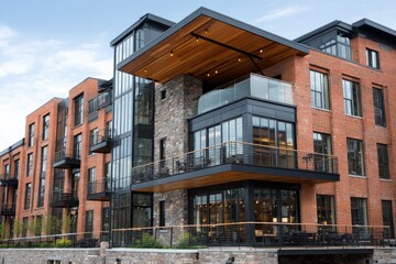 Modern apartment building facade with exposed brick and contemporary elements