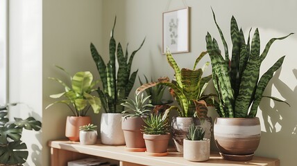 Collection of indoor houseplants in various pots on a wooden shelf