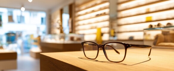 The elegant glasses displayed prominently in a modern eyewear shop.