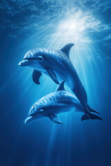 Fototapeta premium Two dolphins swim underwater in the sea