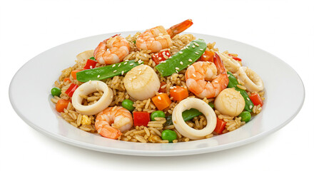 Asian seafood fried rice on white plate